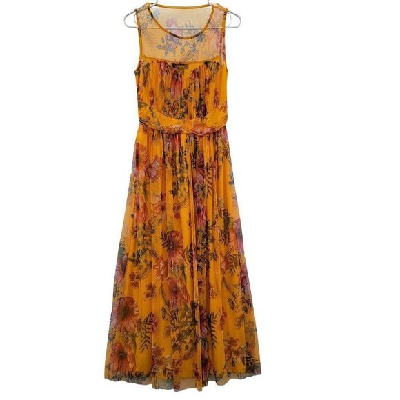 Candalite Maxi Dress Womens S Mustard Yellow Gold Floral Sheer Sleeveless Fairy - Picture 1 of 13